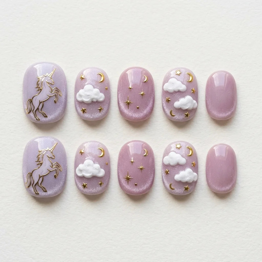 lavender purple 3d cat eye oval press on nails unicorn moon cloud glitter flat lay 04