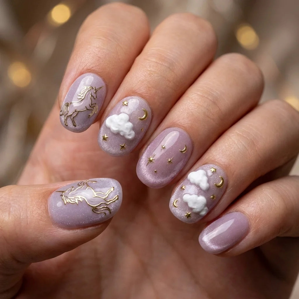 lavender purple 3d cat eye oval press on nails unicorn moon cloud glitter lifestyle 03