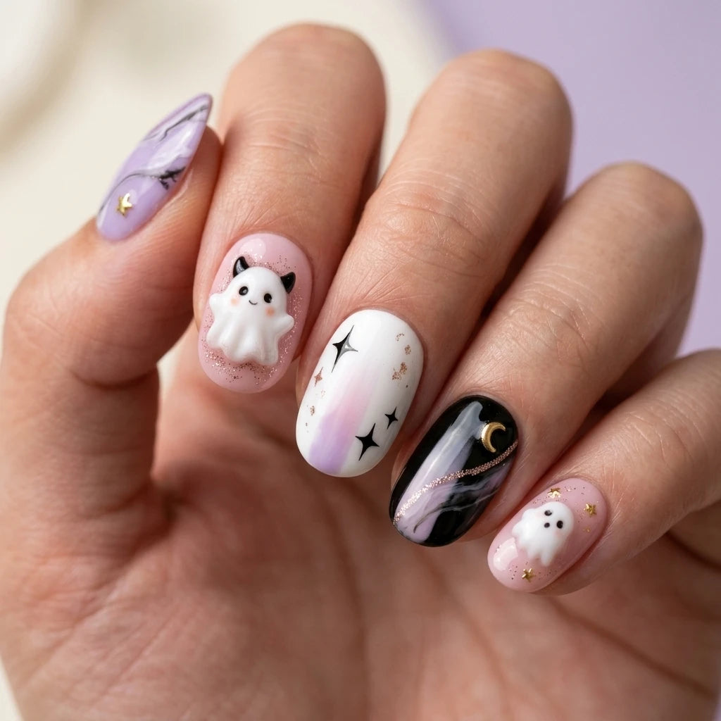lavender purple blush pink 3d marble halloween oval press on nails ghost moon star glitter detail 03
