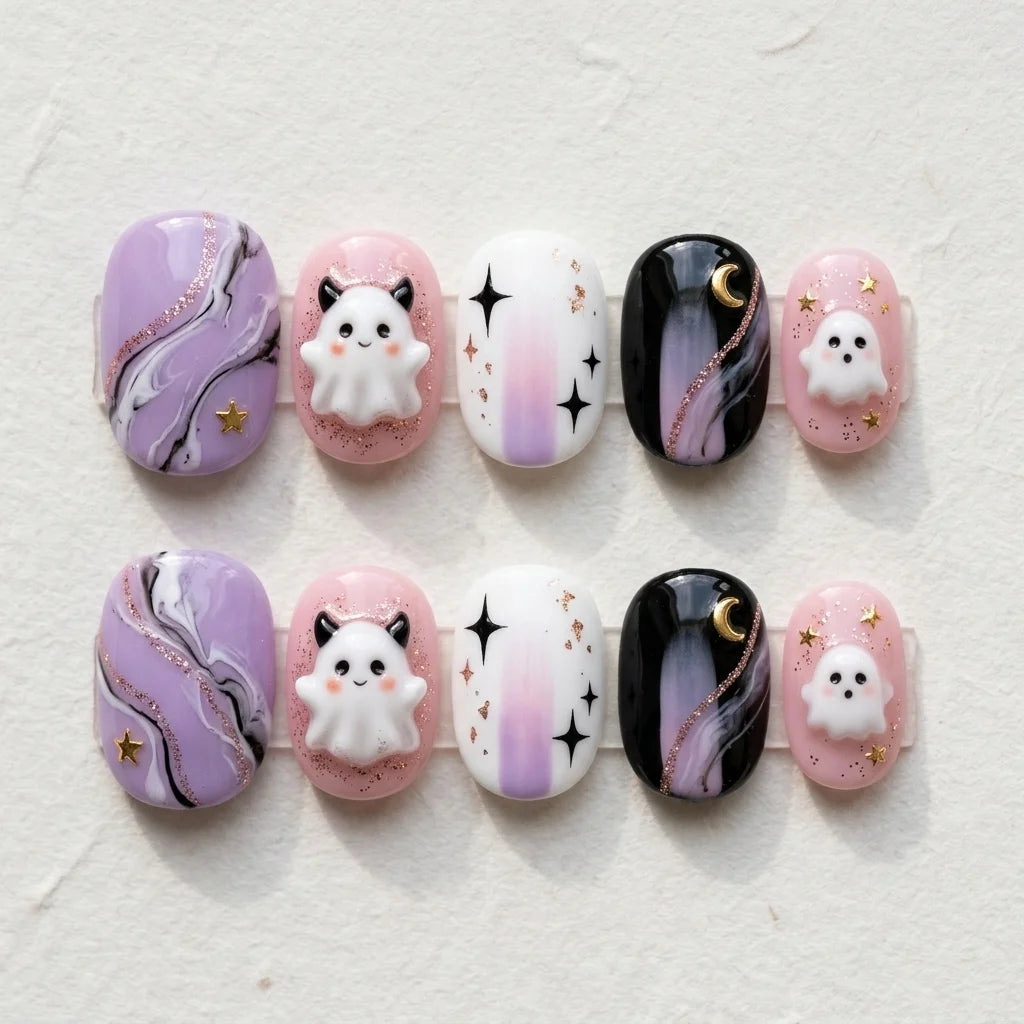 lavender purple blush pink 3d marble halloween oval press on nails ghost moon star glitter flat lay 04