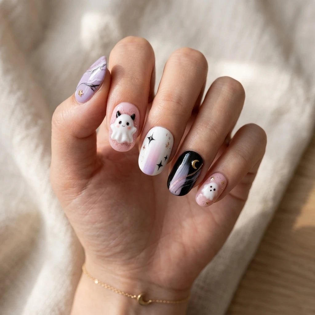lavender purple blush pink 3d marble halloween oval press on nails ghost moon star glitter lifestyle 02