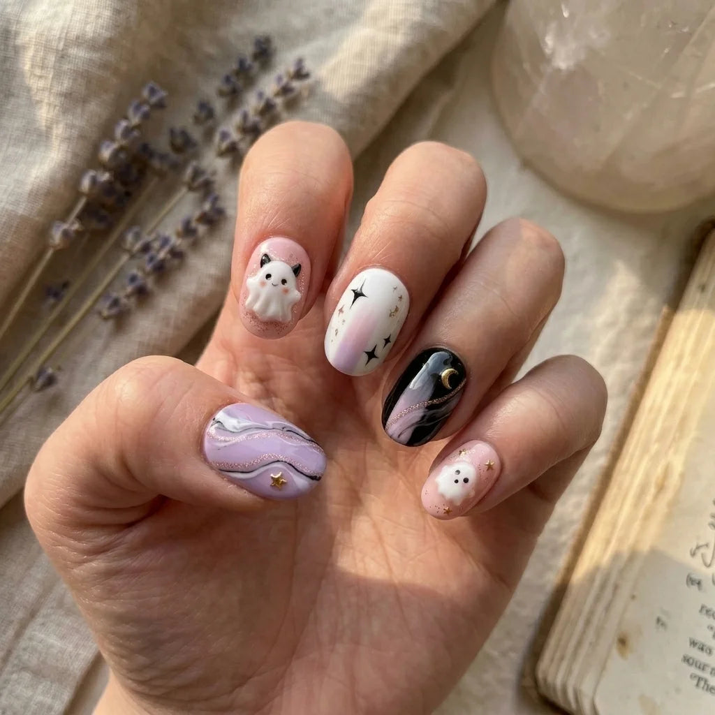 lavender purple blush pink 3d marble halloween oval press on nails ghost moon star glitter lifestyle 03