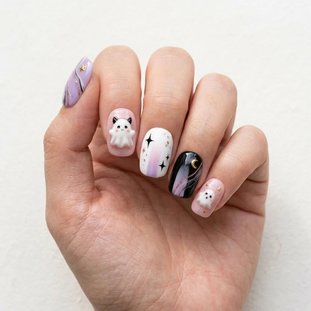 lavender purple blush pink 3d marble halloween oval press on nails ghost moon star glitter mockup 01