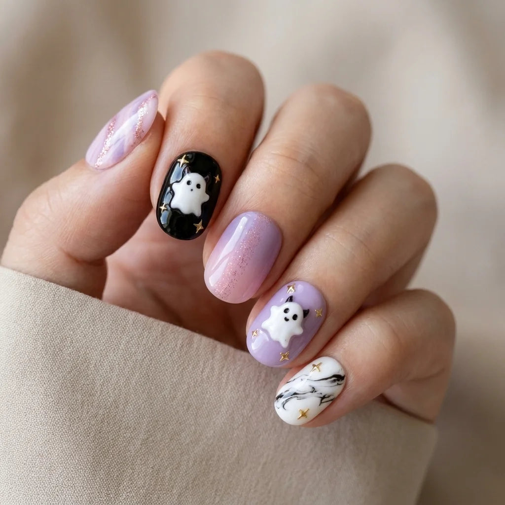 lavender purple jet black 3d marble halloween oval press on nails ghost star glitter detail 03