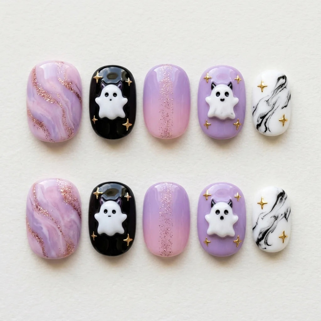 lavender purple jet black 3d marble halloween oval press on nails ghost star glitter flat lay 04