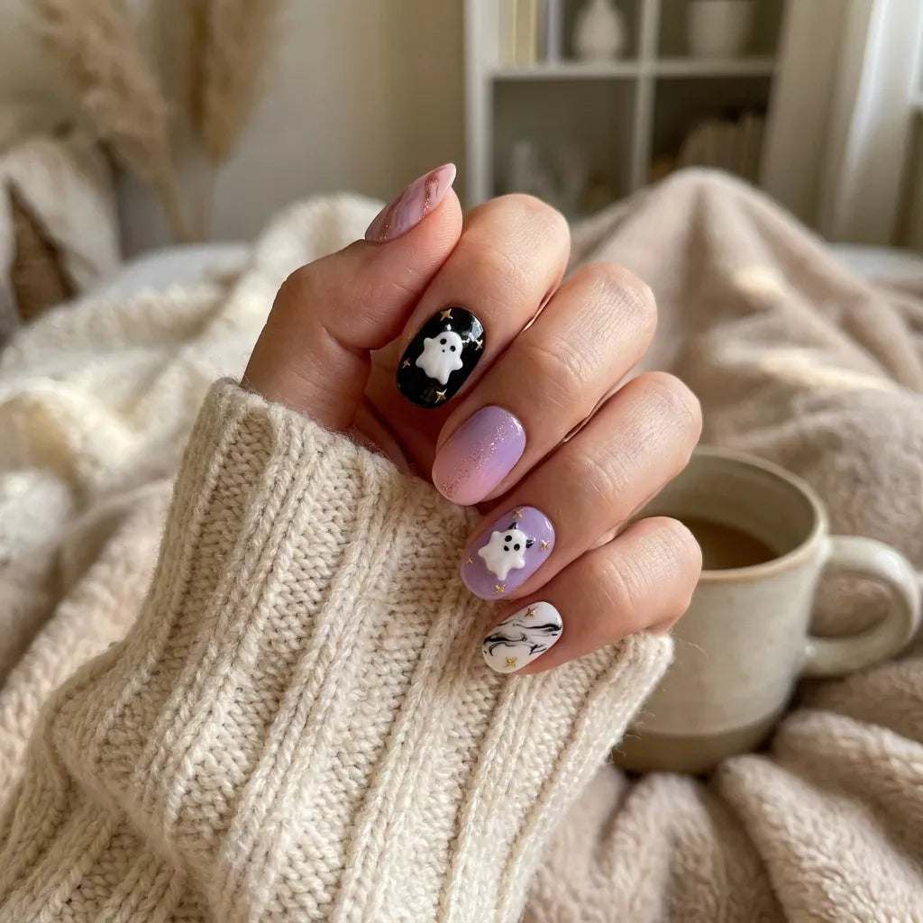 lavender purple jet black 3d marble halloween oval press on nails ghost star glitter lifestyle 02