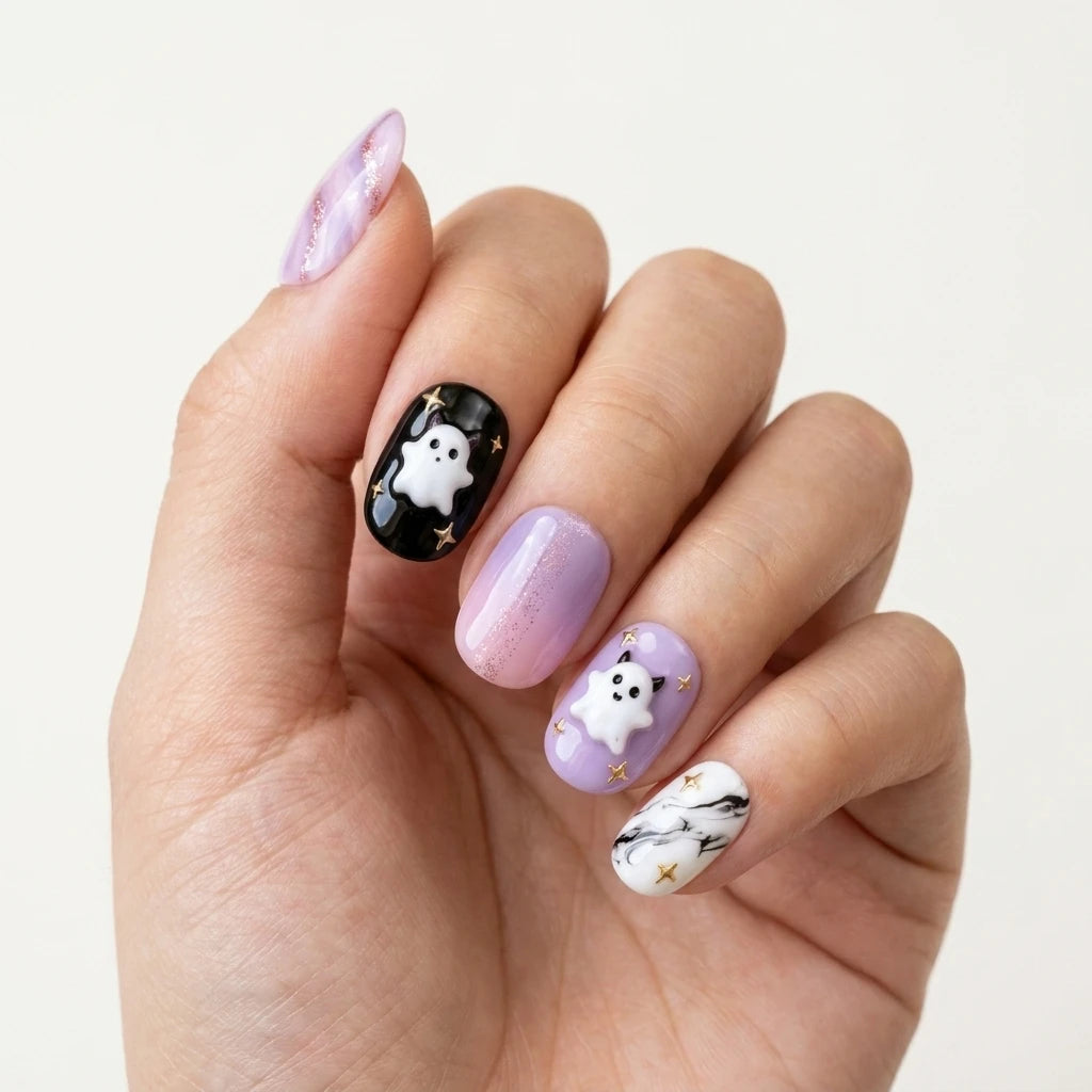 lavender purple jet black 3d marble halloween oval press on nails ghost star glitter mockup 01