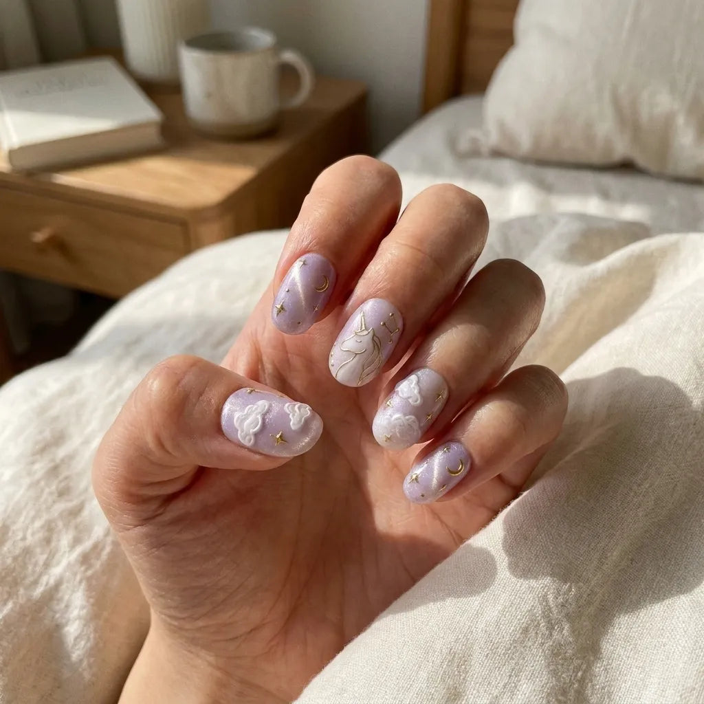 lavender purple milky white 3d cat eye oval press on nails unicorn moon cloud glitter detail 03