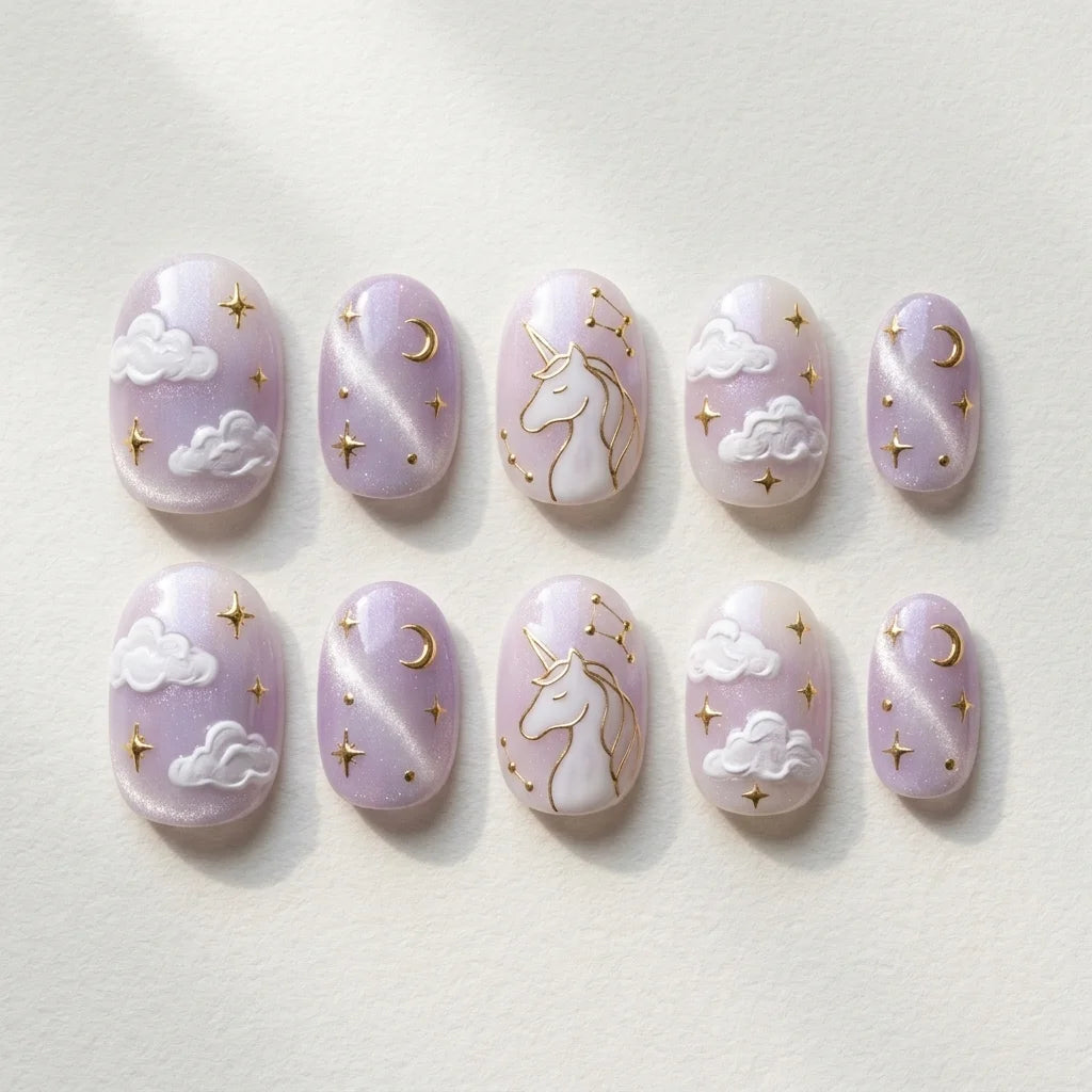 lavender purple milky white 3d cat eye oval press on nails unicorn moon cloud glitter flat lay 04
