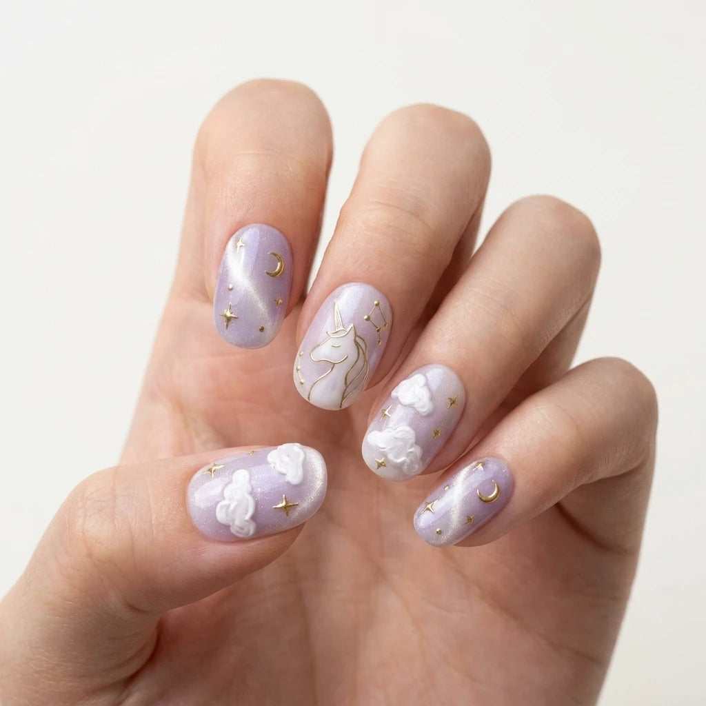 lavender purple milky white 3d cat eye oval press on nails unicorn moon cloud glitter lifestyle 02