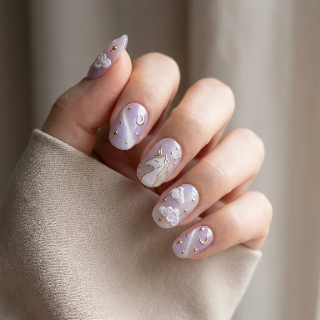 lavender purple milky white 3d cat eye oval press on nails unicorn moon cloud glitter mockup 01