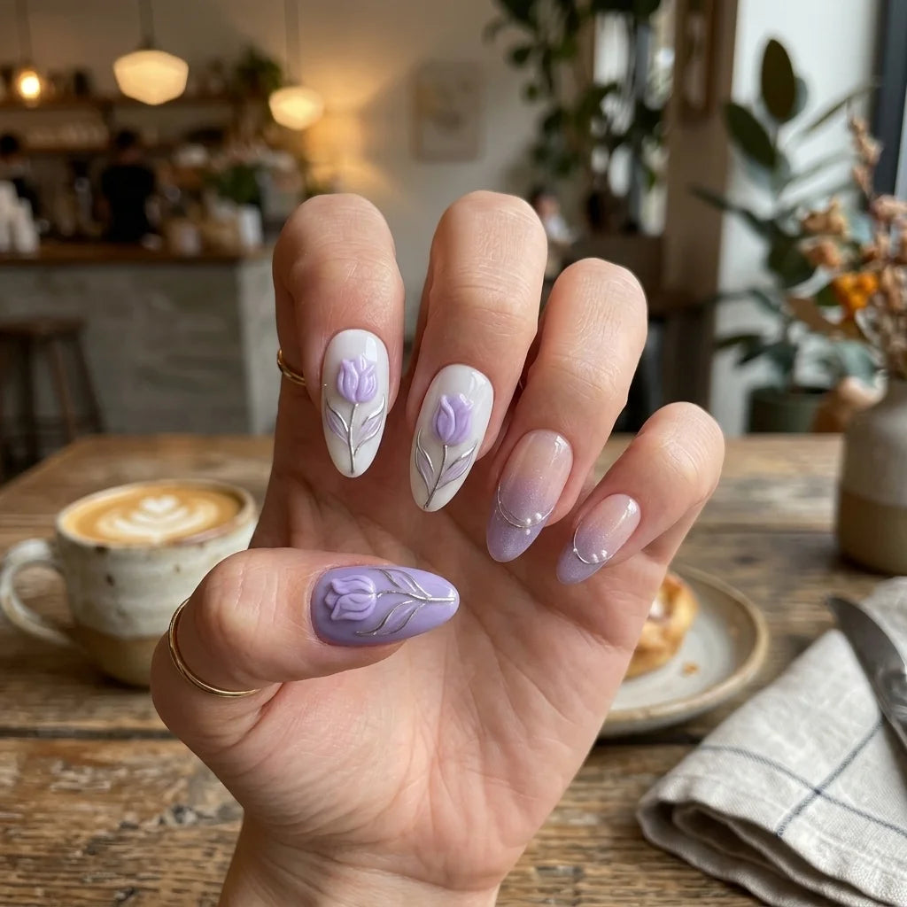 lavender purple milky white 3d ombre almond press on nails tulip glitter detail 03