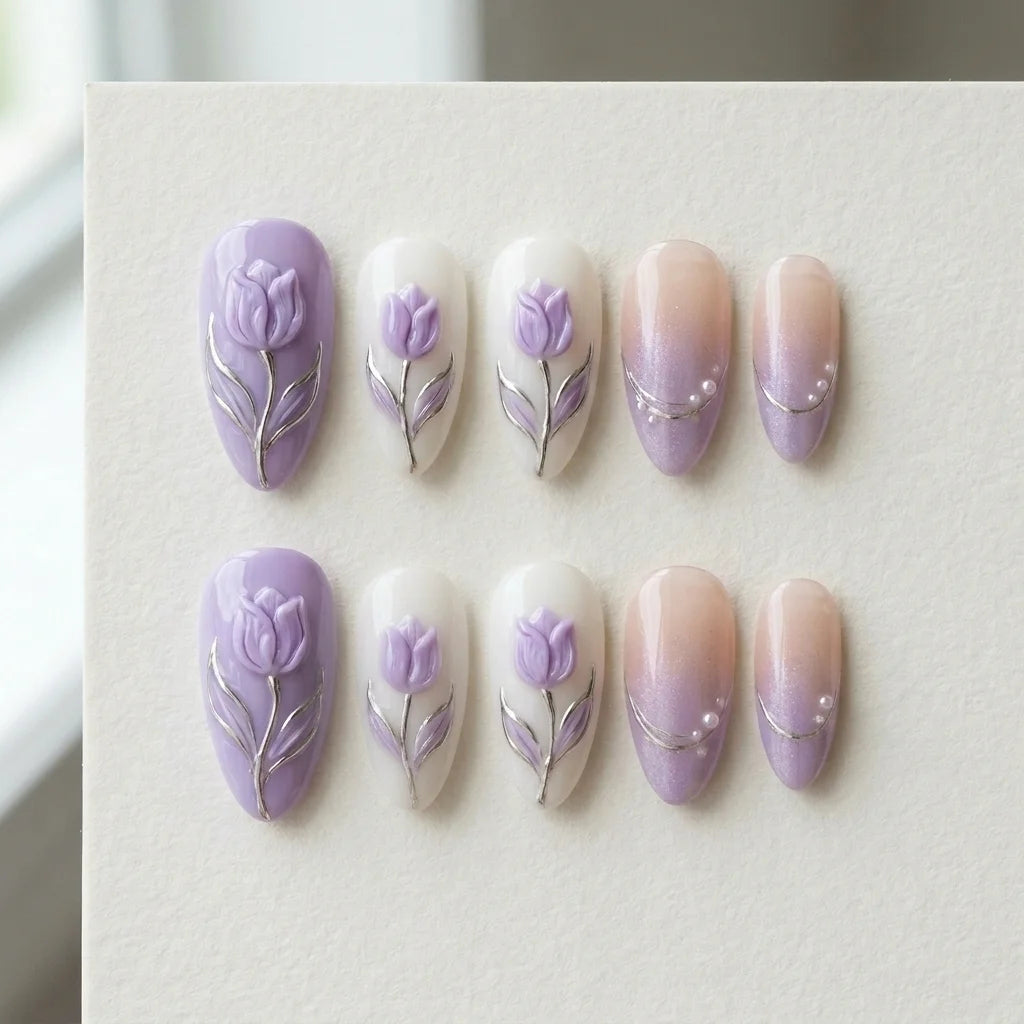 lavender purple milky white 3d ombre almond press on nails tulip glitter flat lay 04