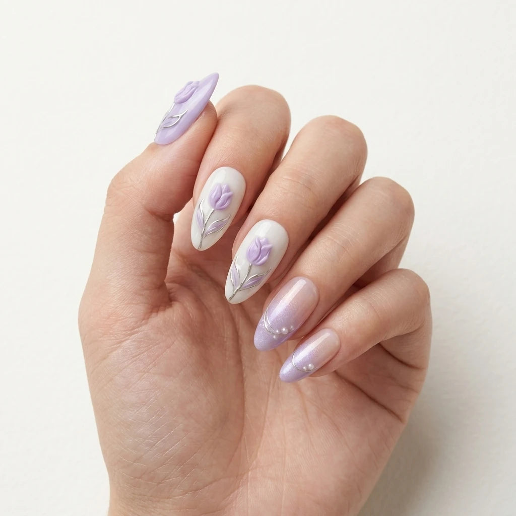 lavender purple milky white 3d ombre almond press on nails tulip glitter lifestyle 02