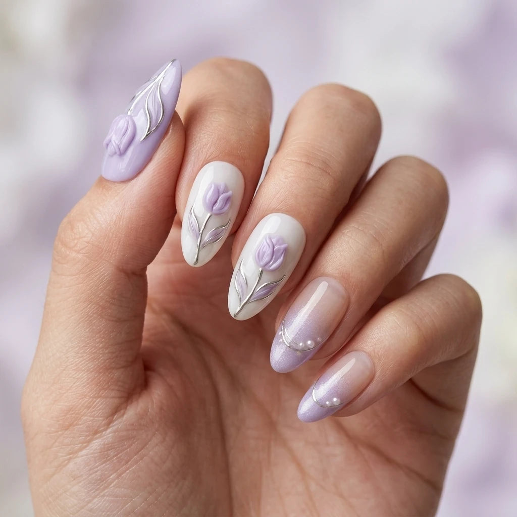 lavender purple milky white 3d ombre almond press on nails tulip glitter mockup 01