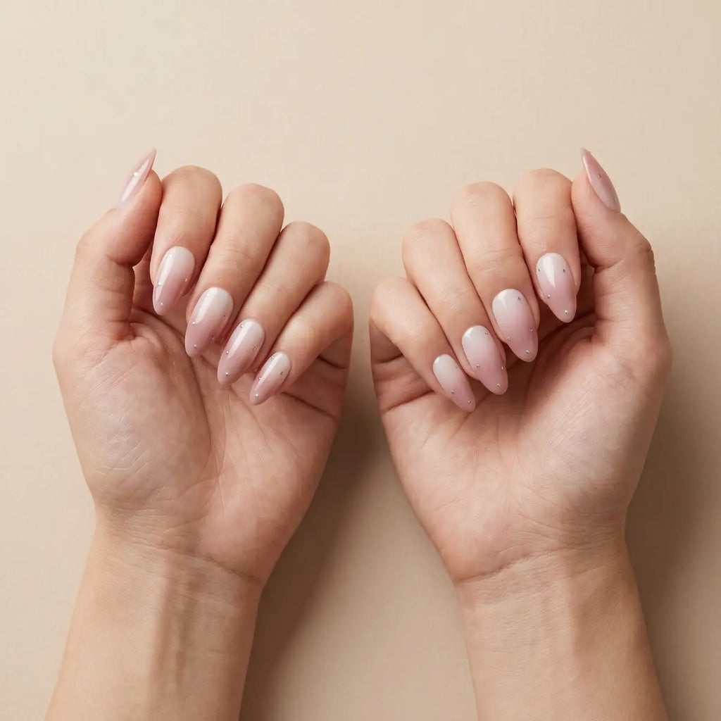 lavender star ombre almond long press on nails silver dot flat lay 01