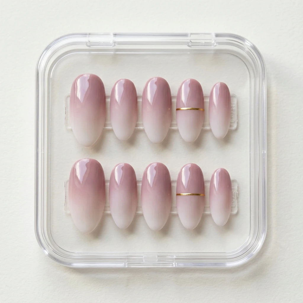 lavender white ombre almond press on nails gold stripe detail 01