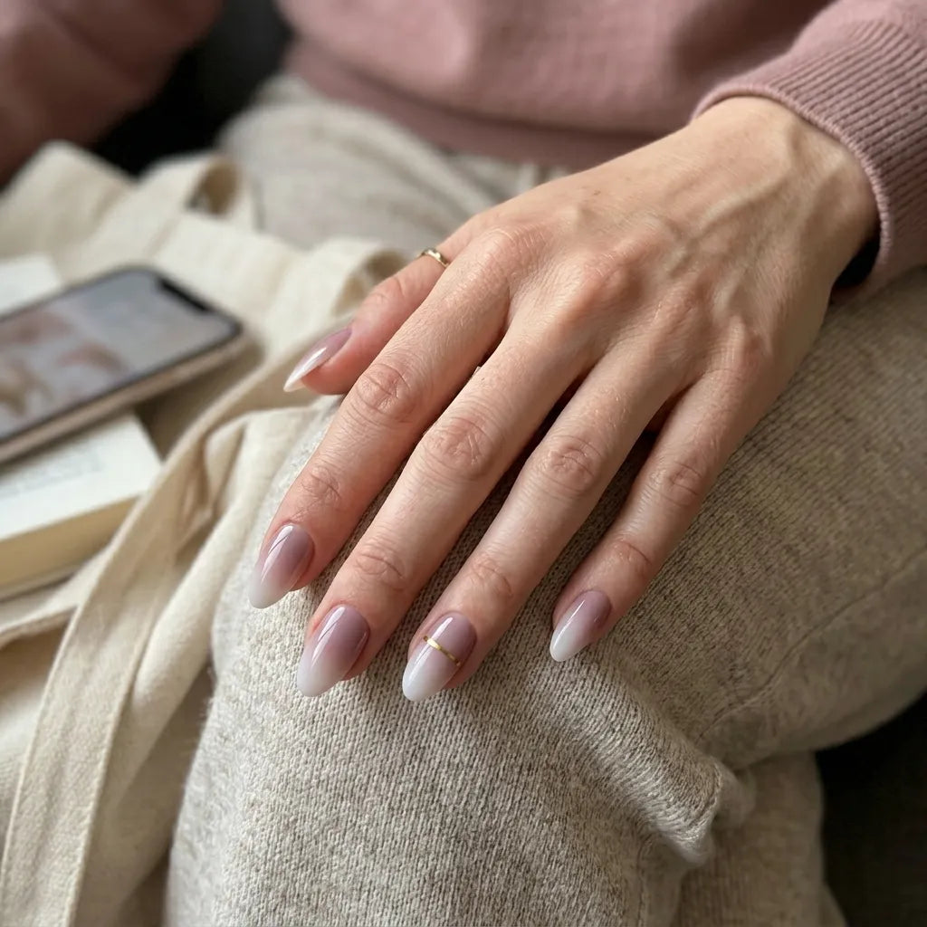 lavender white ombre almond press on nails gold stripe lifestyle 01