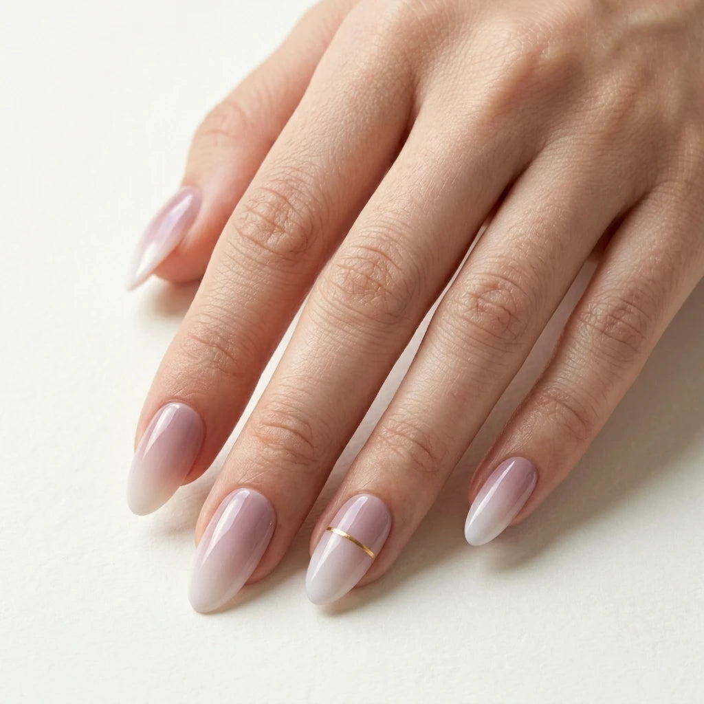 lavender white ombre almond press on nails gold stripe mockup 01