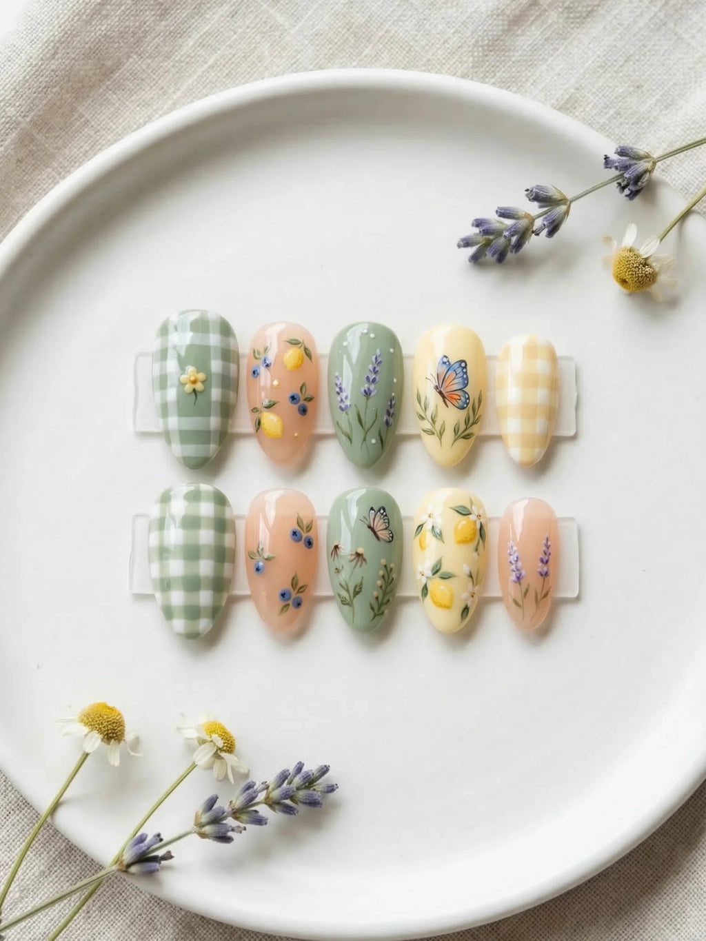 lemon yellow hand painted almond medium press on nails flat lay 01