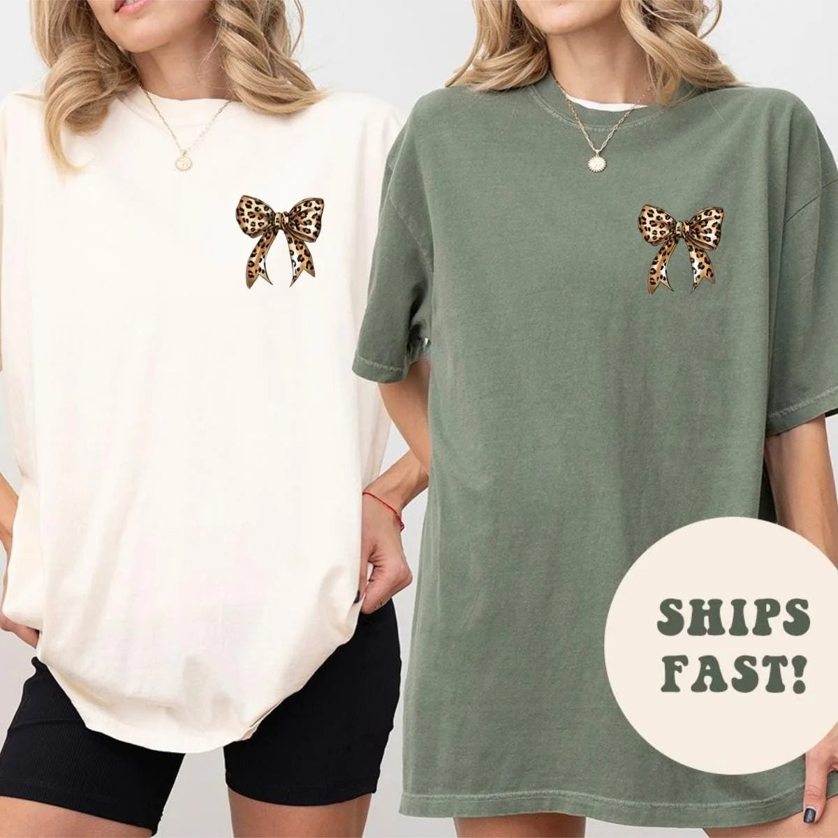 Two women side by side in Ivory and Moss Comfort Colors tees, each with a leopard print bow on the left chest