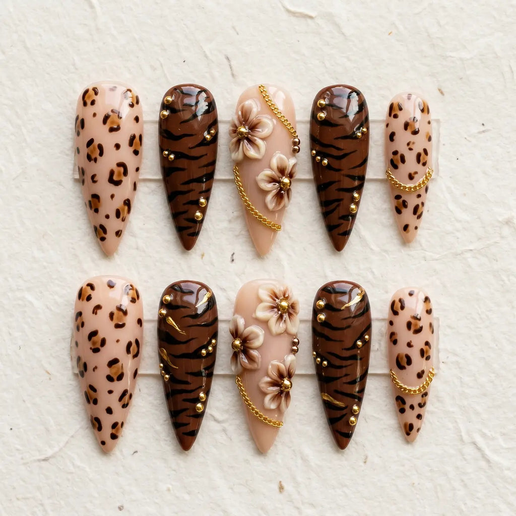 leopard tan 3d stiletto long press on nails tiger chain flat lay 01