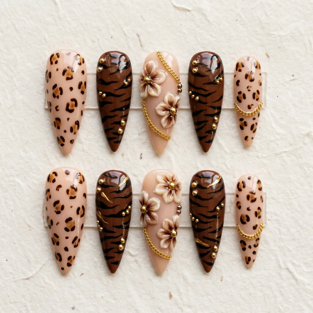 leopard tan 3d stiletto long press on nails tiger chain lifestyle 01