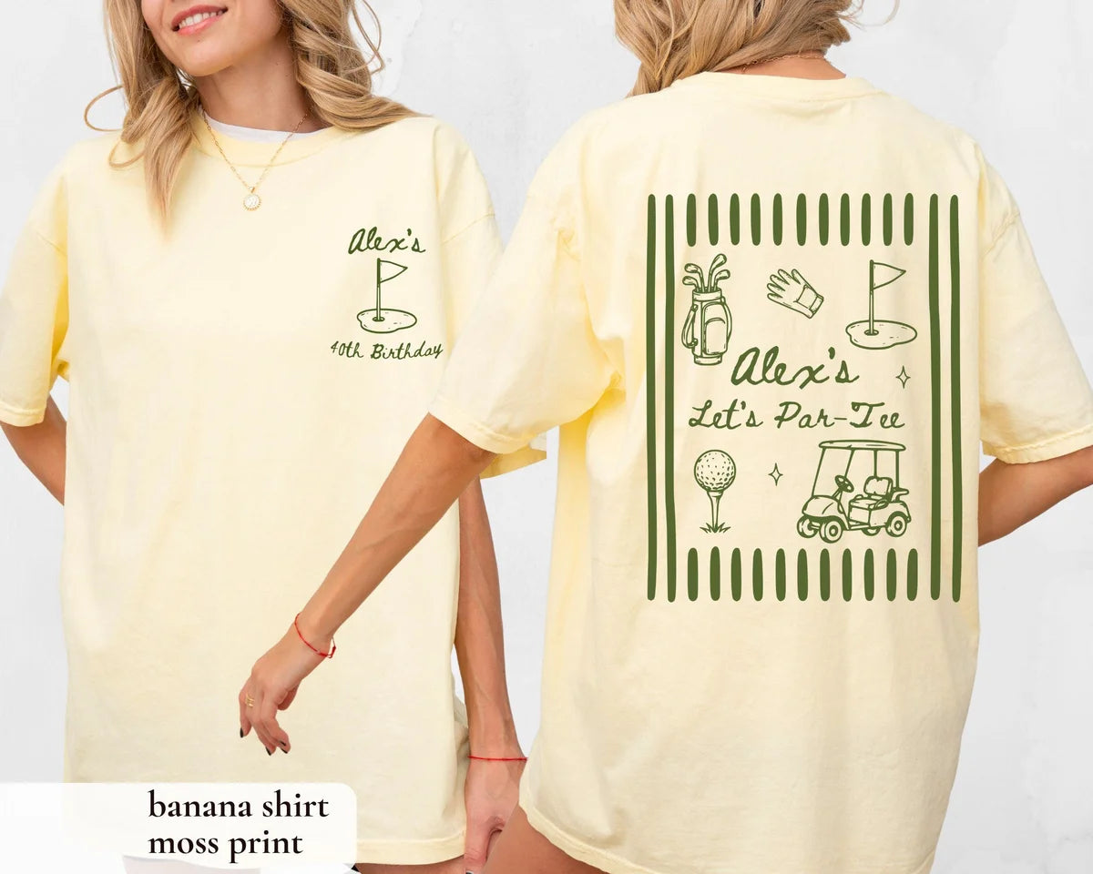 Woman in a Banana yellow Comfort Colors tee, front with a moss green golf flag, back with a golf cart and Let's Par-Tee
