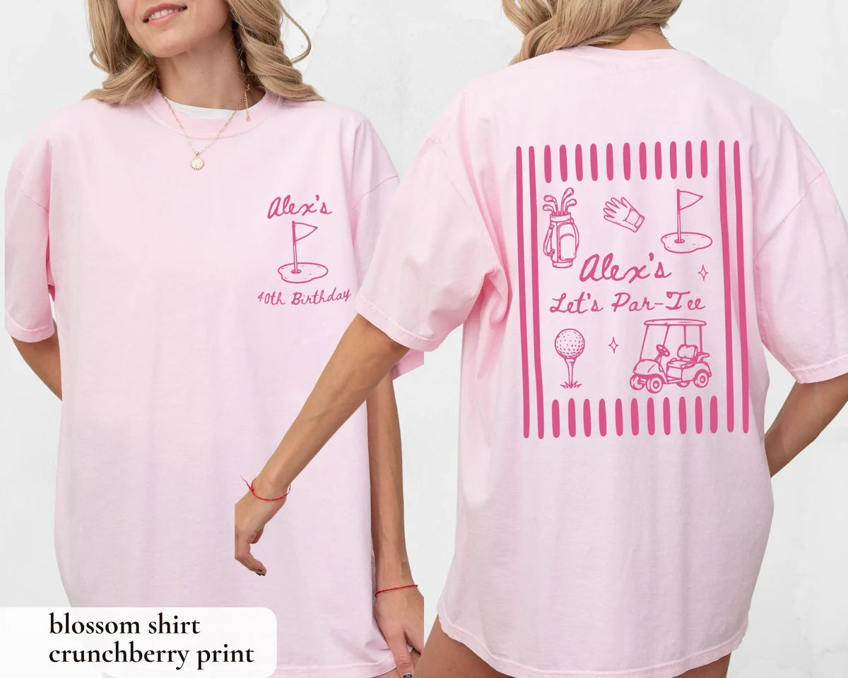 Woman in a Blossom pink Comfort Colors tee, front with a pink golf flag, back with Let's Par-Tee and golf doodles