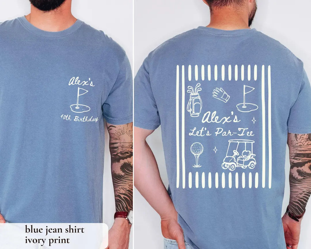 Man in a Blue Jean Comfort Colors tee, front with an ivory golf flag, back with Let's Par-Tee and a golf cart