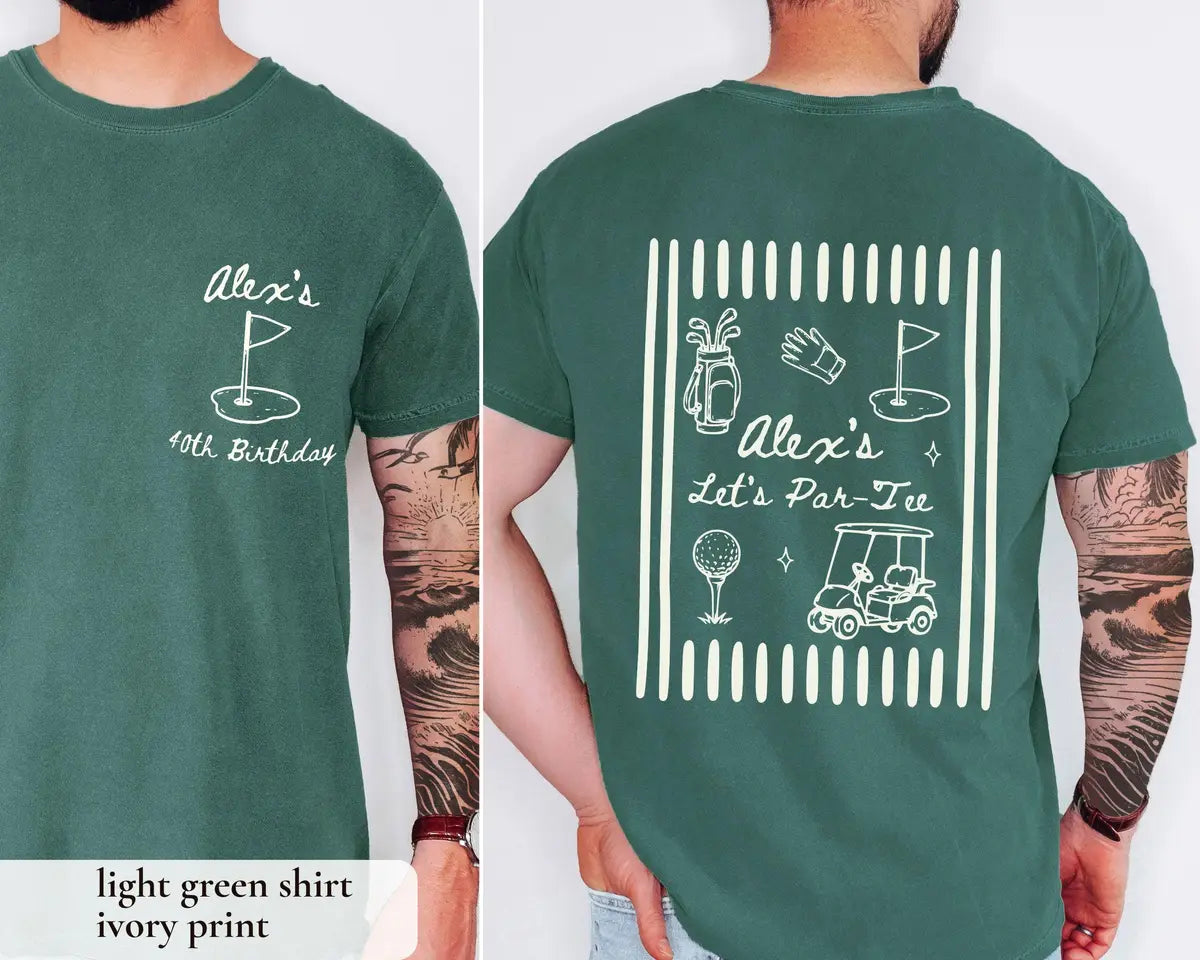 Man in a Light Green Comfort Colors tee, front with an ivory golf flag, back with a golf bag, ball and Let's Par-Tee