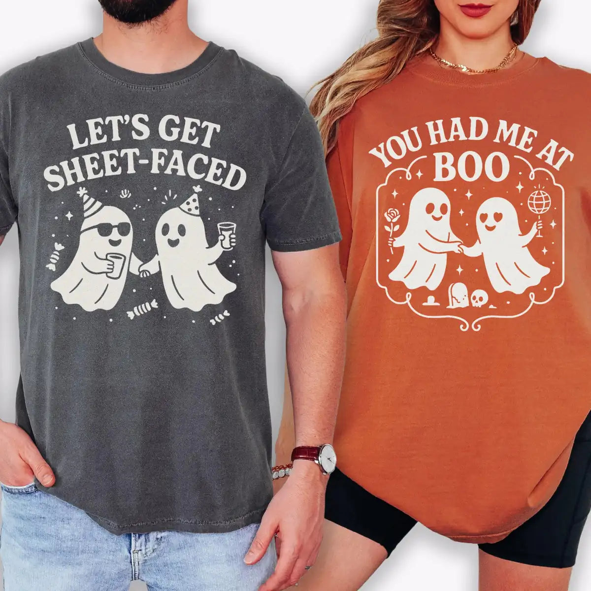 Comfort Colors T-shirt in Pepper and Terracotta featuring partying ghosts illustration