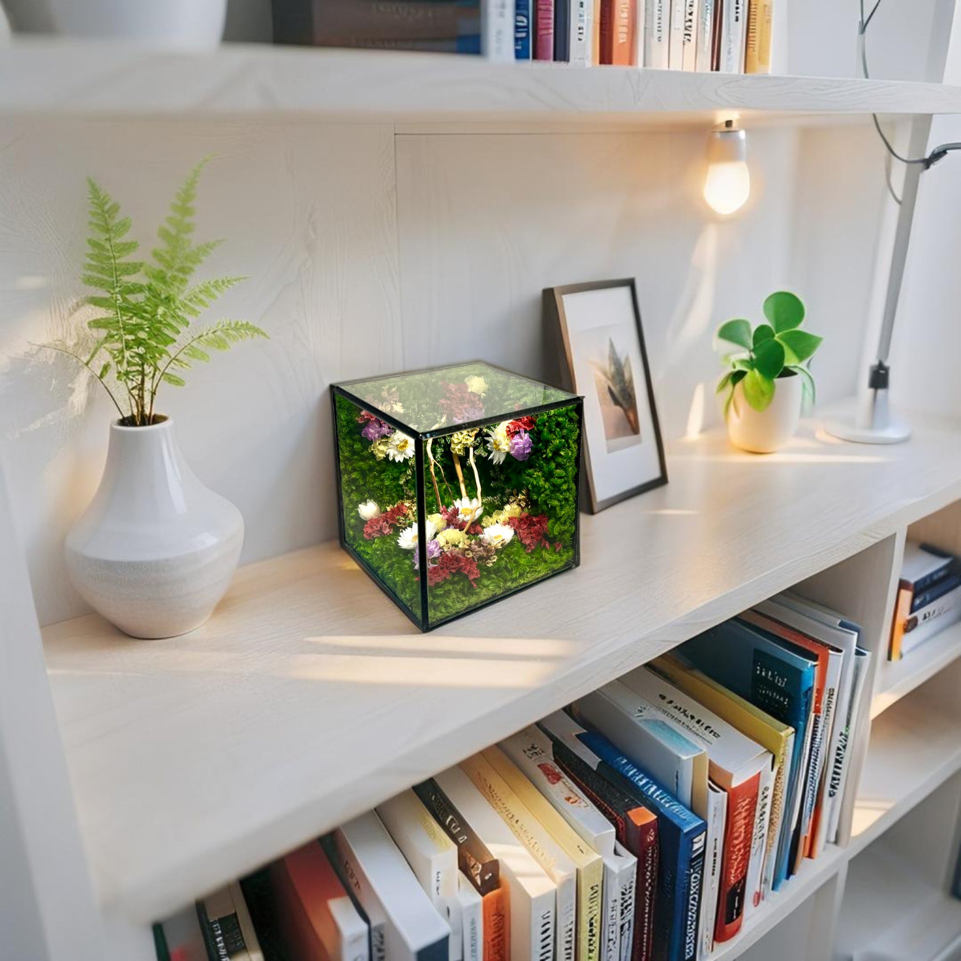 Decorative light box on a bookshelf with books and plants