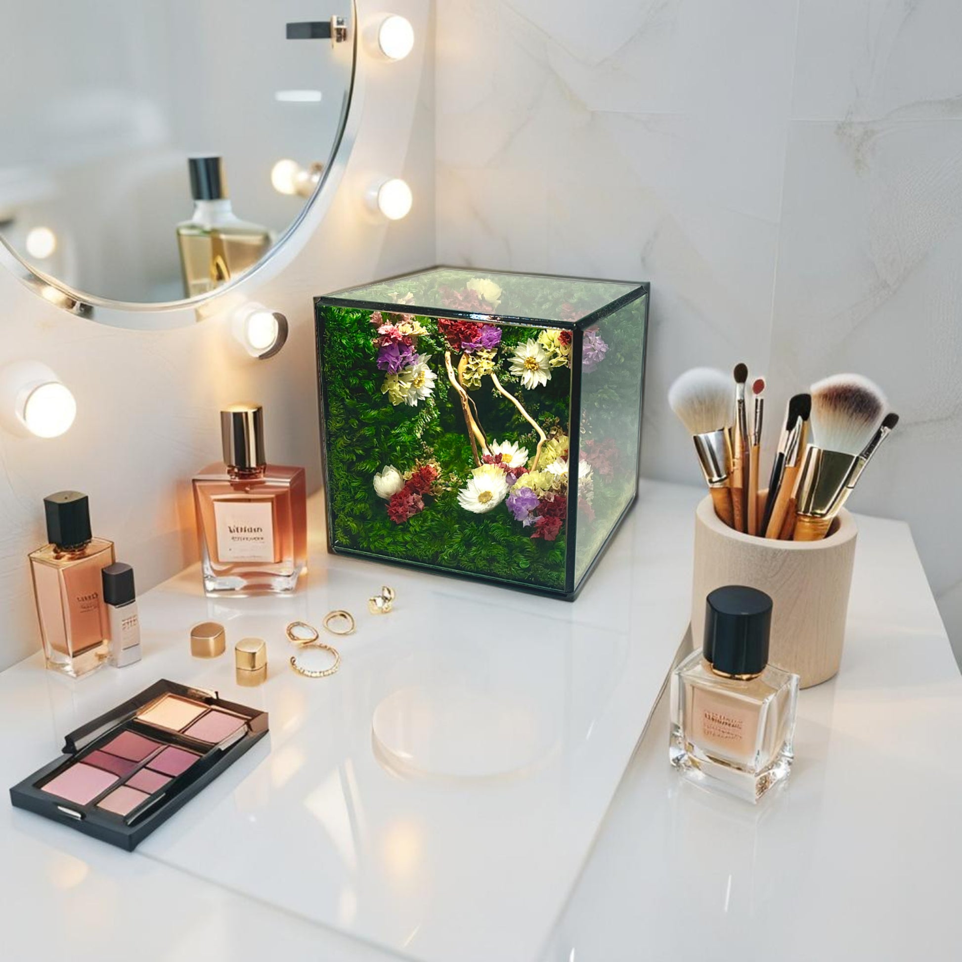 Makeup and perfume set on a vanity with decorative lighting