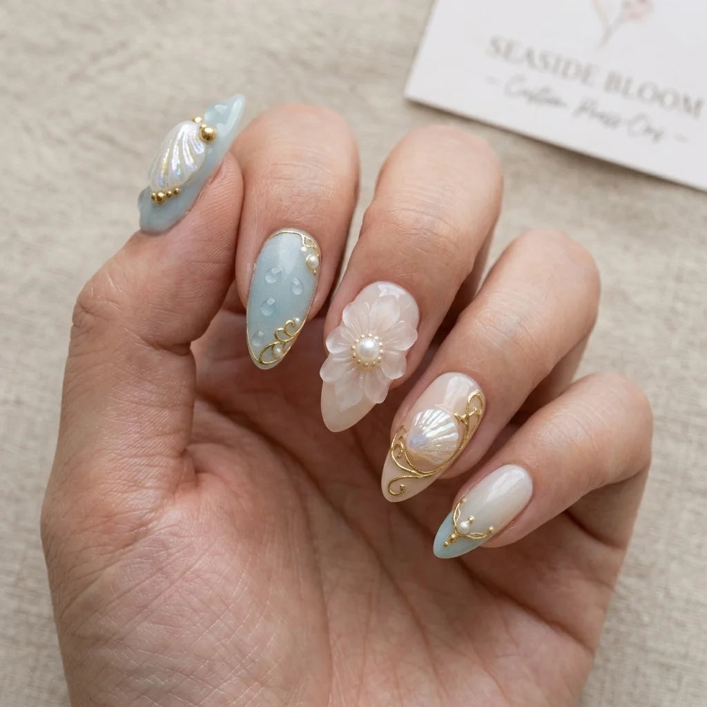 light blue 3d almond medium press on nails ocean shells flat lay 01