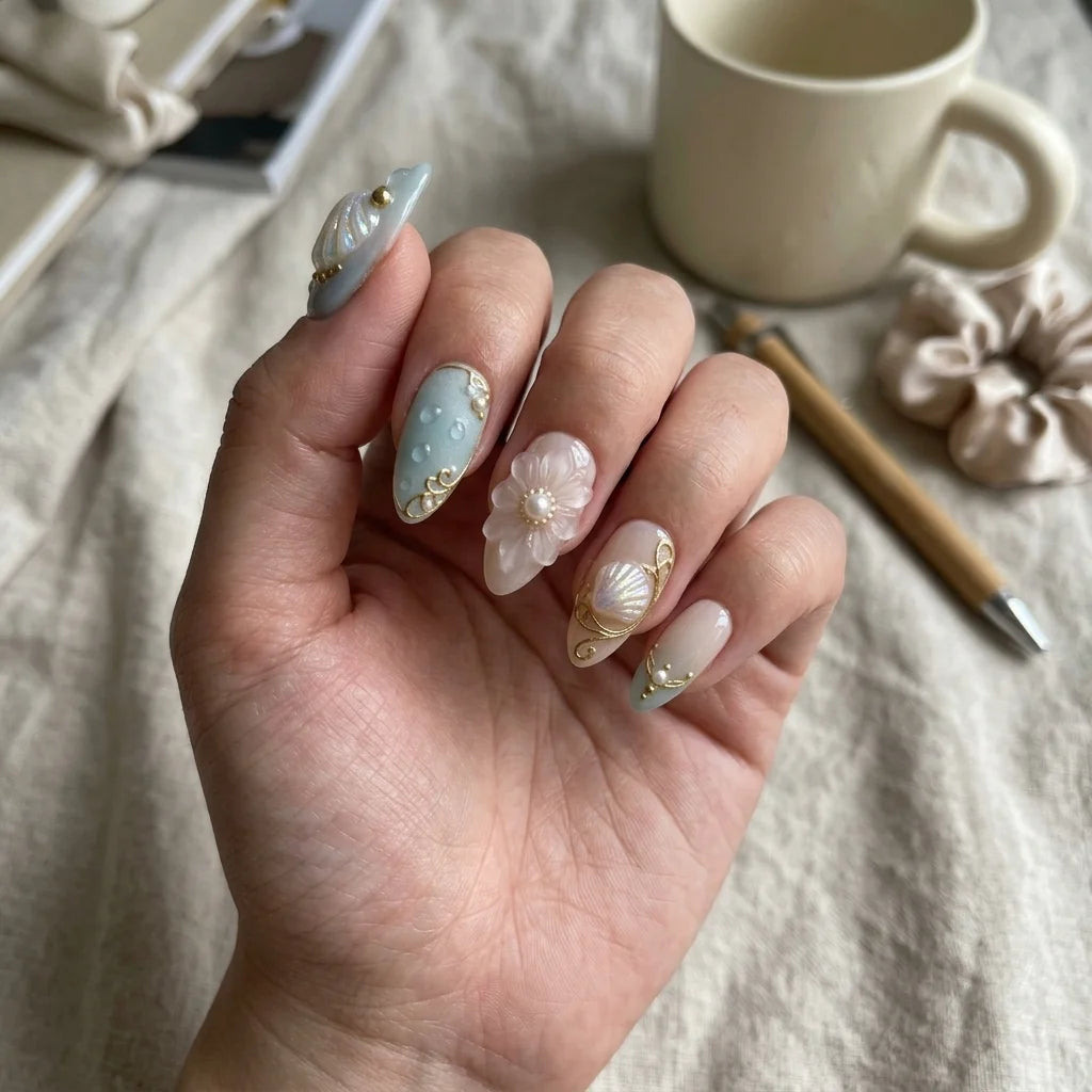 light blue 3d almond medium press on nails ocean shells mockup 01