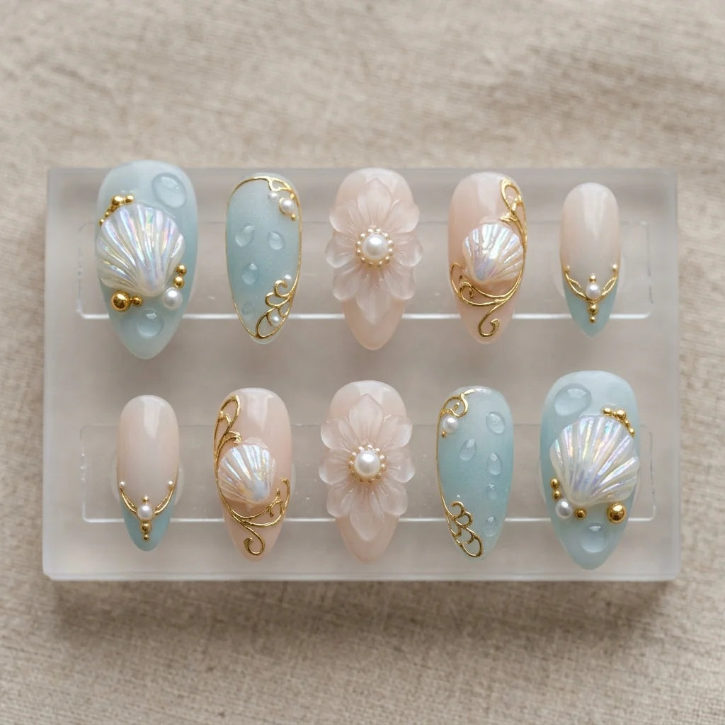 light blue 3d almond medium press on nails ocean shells mockup 02