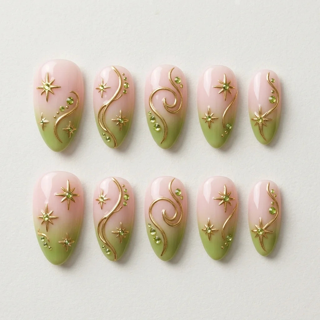 lime green pastel pink 3d aura almond press on nails celestial constellation flat lay 04