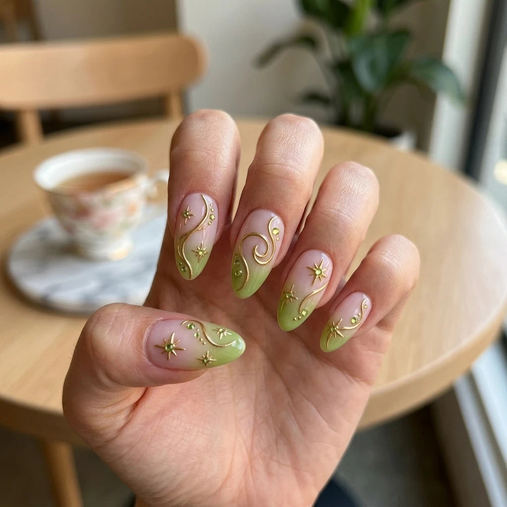 lime green pastel pink 3d aura almond press on nails celestial constellation lifestyle 02
