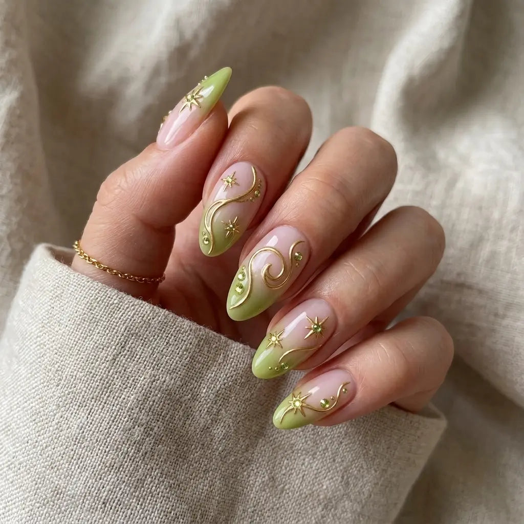 lime green pastel pink 3d aura almond press on nails celestial constellation mockup 01