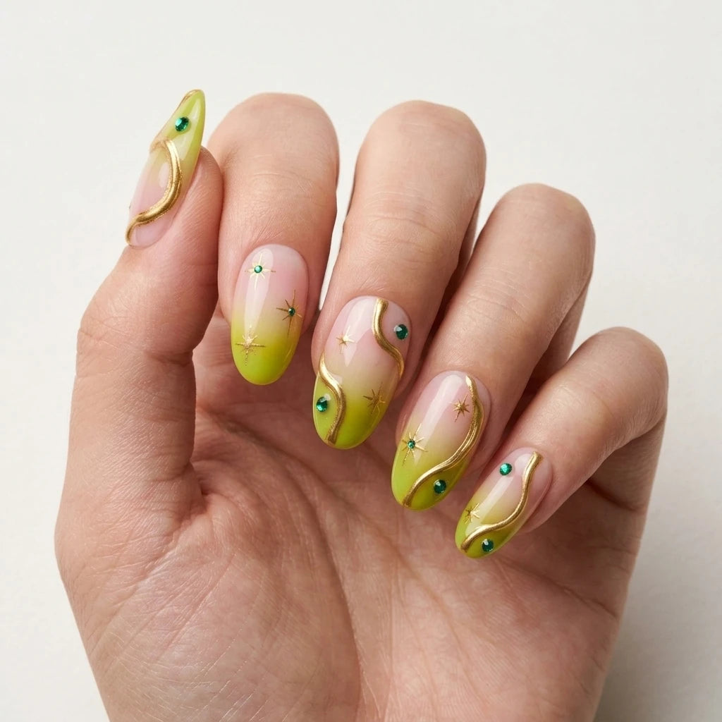 lime green pastel pink 3d aura almond press on nails celestial star glitter detail 03