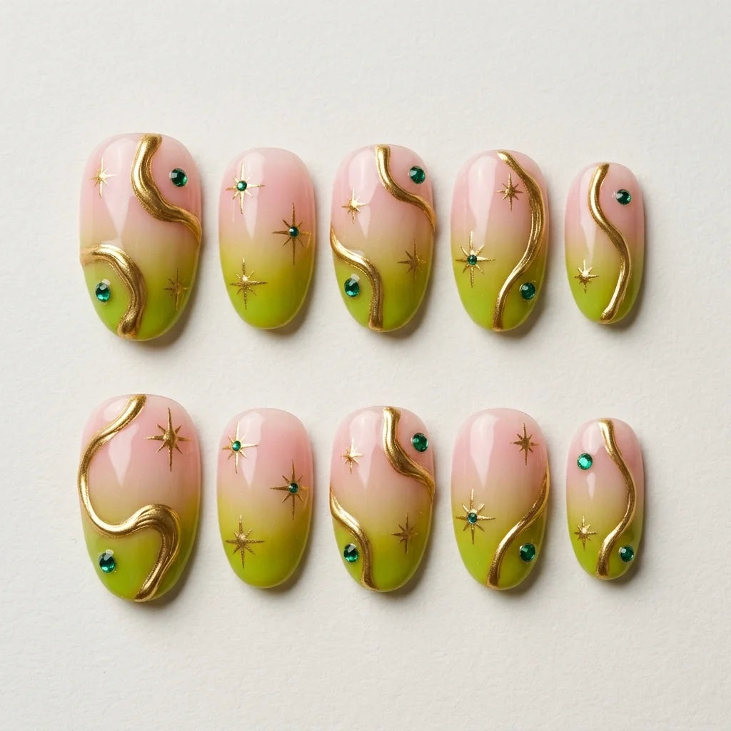 lime green pastel pink 3d aura almond press on nails celestial star glitter flat lay 04