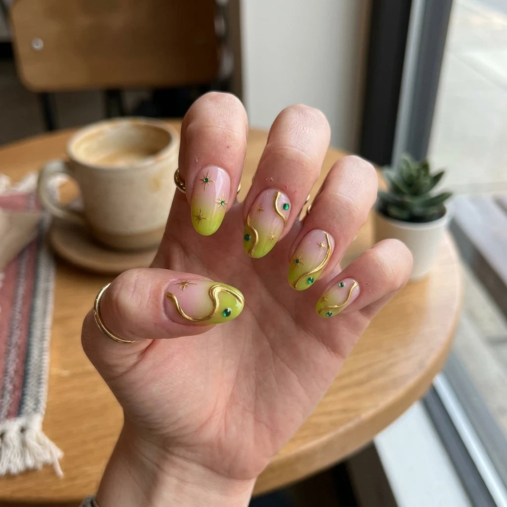 lime green pastel pink 3d aura almond press on nails celestial star glitter lifestyle 02