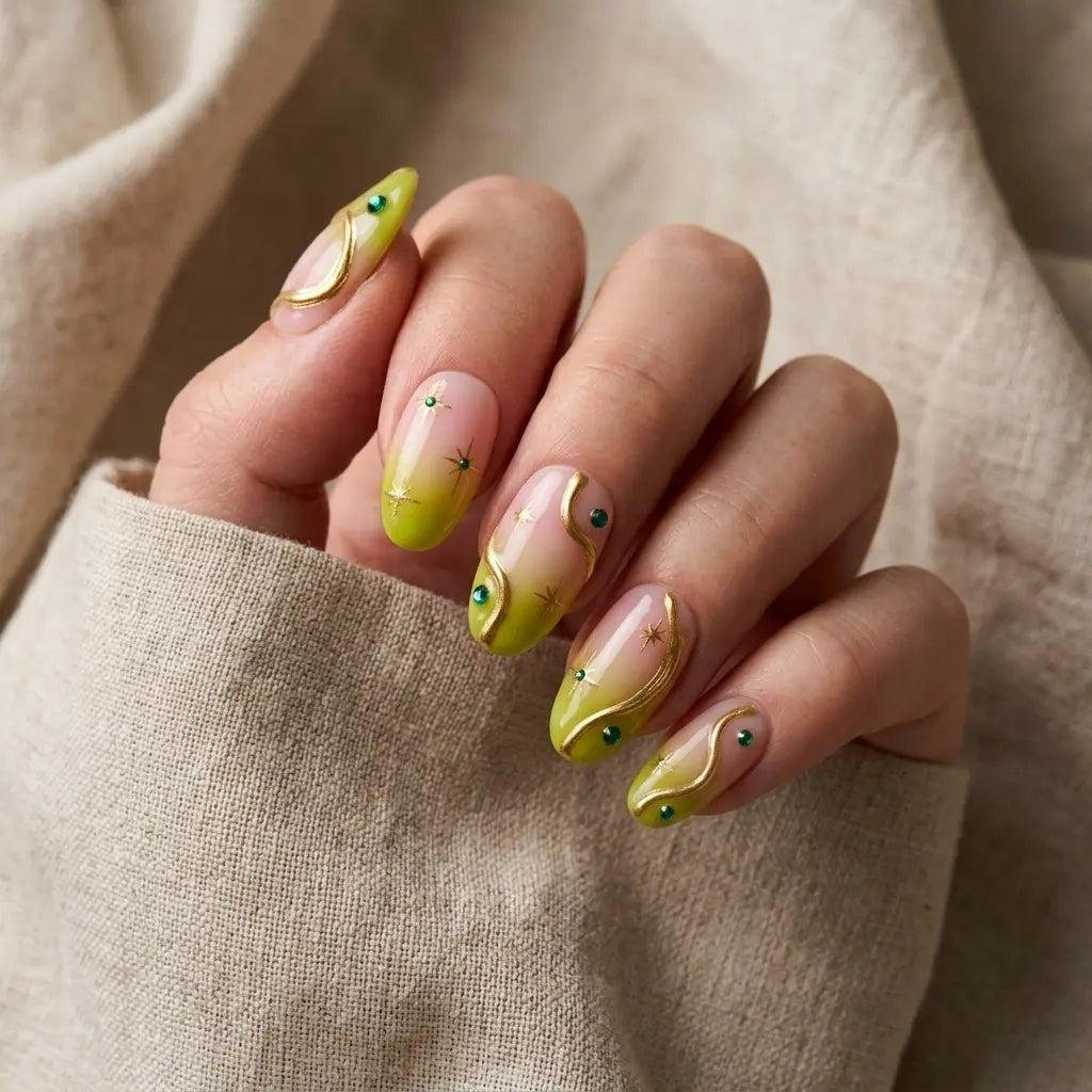 lime green pastel pink 3d aura almond press on nails celestial star glitter mockup 01