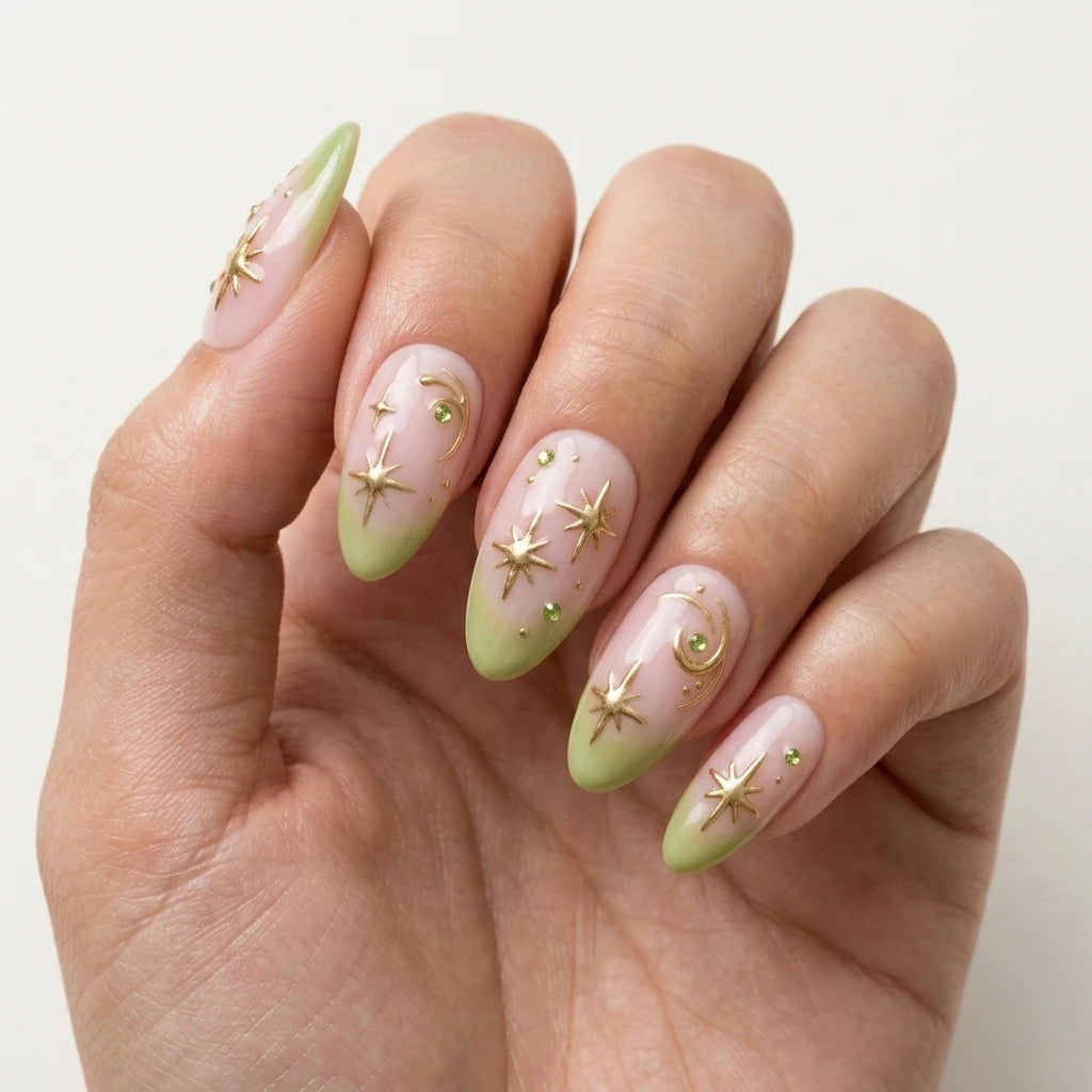 lime green pastel pink 3d aura almond press on nails celestial swirl glitter detail 03