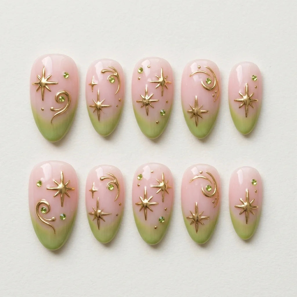 lime green pastel pink 3d aura almond press on nails celestial swirl glitter flat lay 04