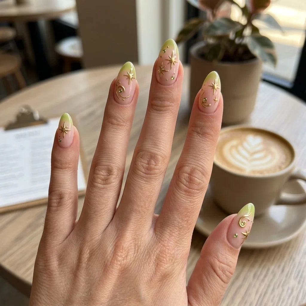 lime green pastel pink 3d aura almond press on nails celestial swirl glitter lifestyle 02