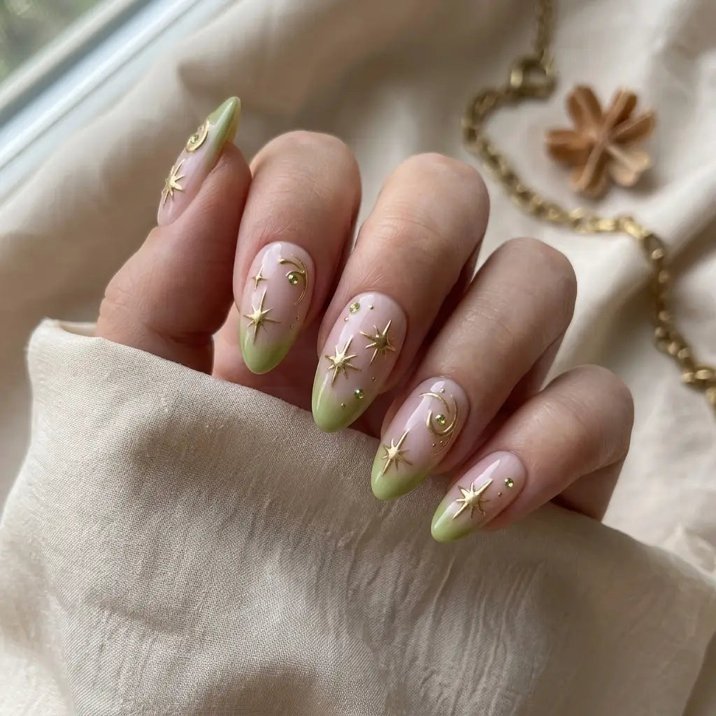 lime green pastel pink 3d aura almond press on nails celestial swirl glitter mockup 01