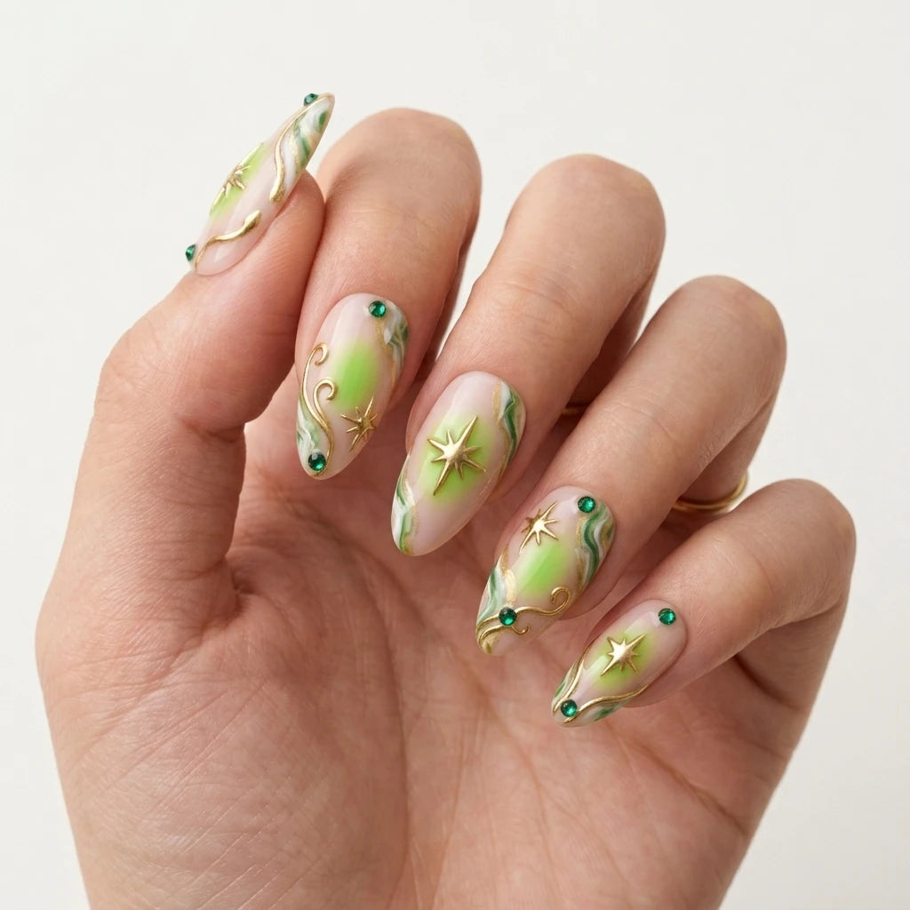 lime green peach nude 3d aura almond press on nails star gemstone detail 03