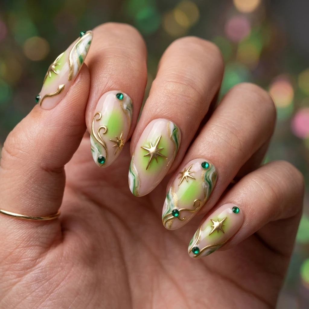 lime green peach nude 3d aura almond press on nails star gemstone detail 03 alt